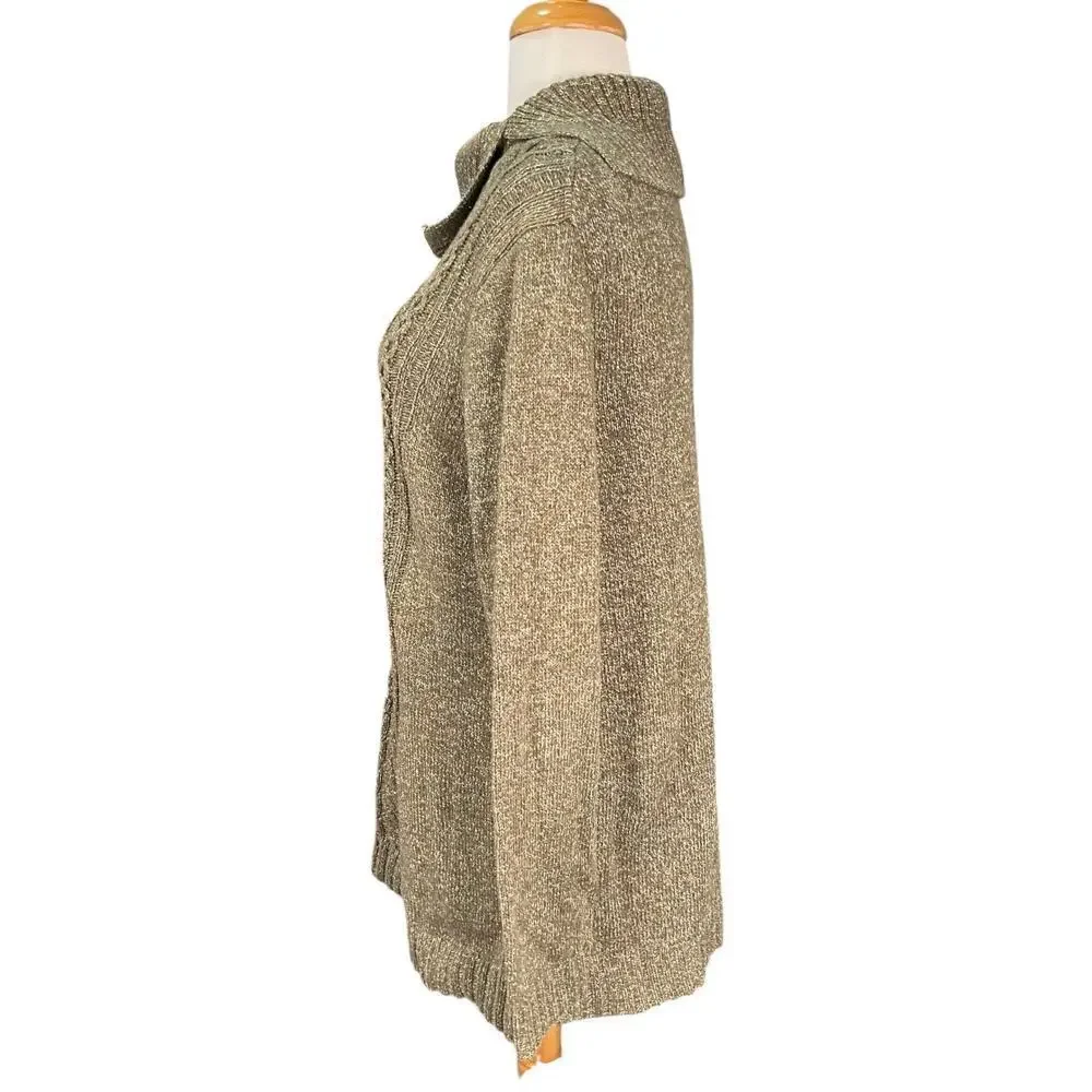 Talbots Cotton Cable Knit Mock Neck Tunic Sweater Large Green Speckled Old Money